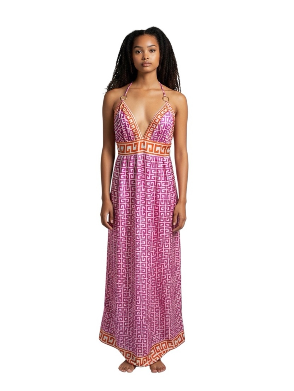 ALICE & TRIXIE Pink and Orange Greek Key Silk Halter Dress